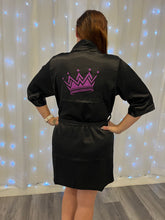 Load image into Gallery viewer, Queens of Pole Black Satin Robe - Purple Glitter Crown
