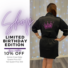 Load image into Gallery viewer, Queens of Pole Black Satin Robe - Purple Glitter Crown
